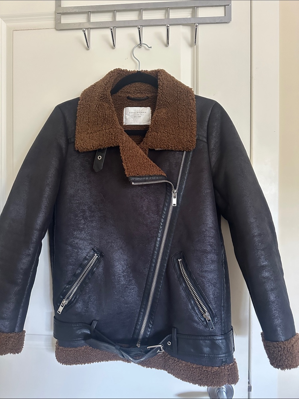 Zara Brown Shearling-Trim Leather Moto Jacket